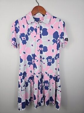 Birdies and Bogeys Golf Dress Small Pink Navy Floral Abstract Print EUC